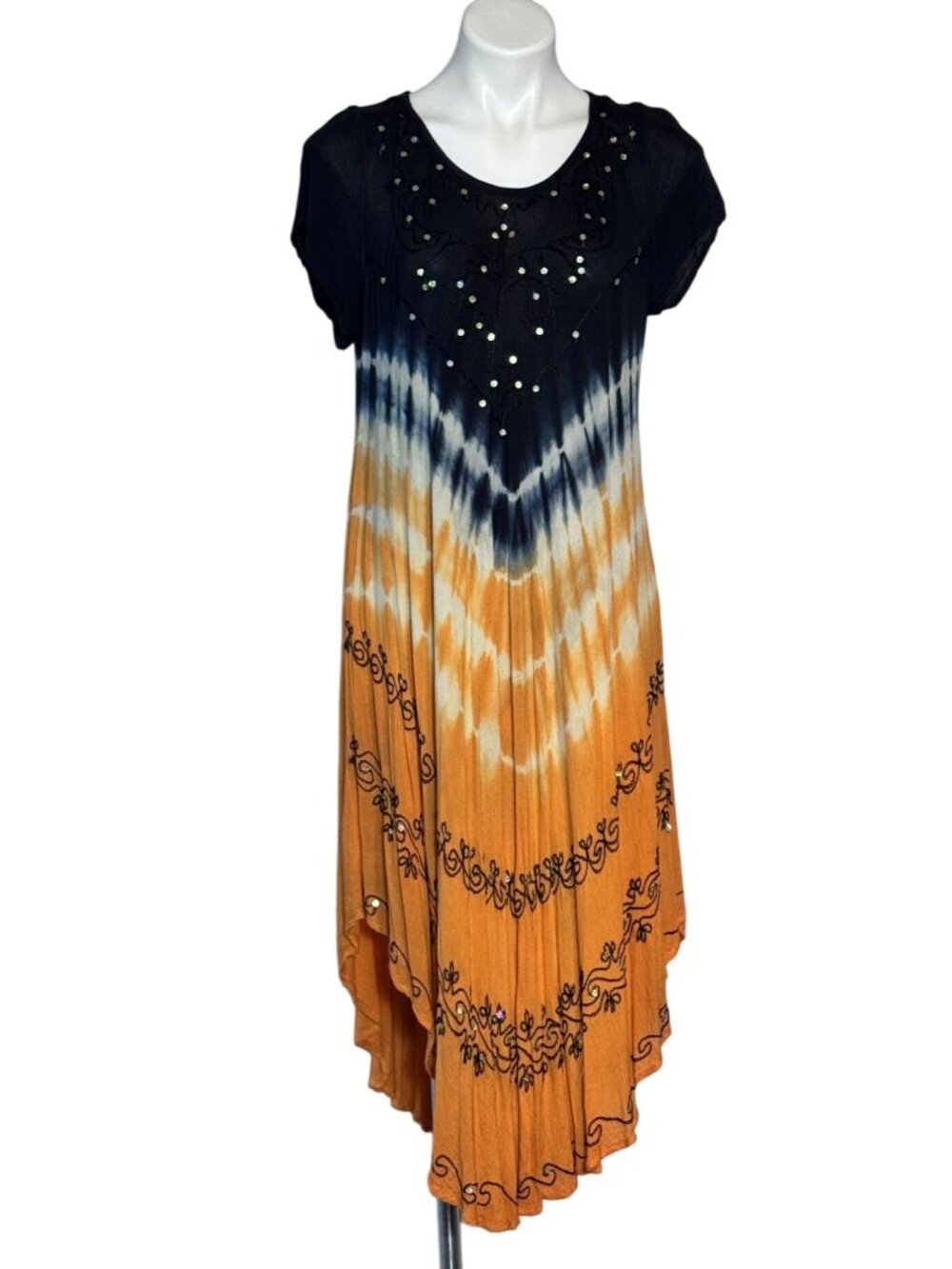 Handkerchief Hem Tie-Dye Summer Dress With Sequins & Embroidery Black & Orange